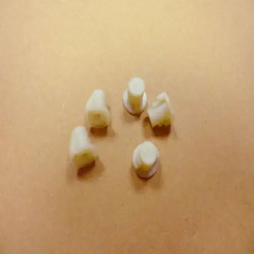 Fünf Pumpenkupplungen von Remeha in neutraler Farbgebung auf einem braunen Untergrund, aus Kunststoff gefertigt, variieren in Form und Größe.